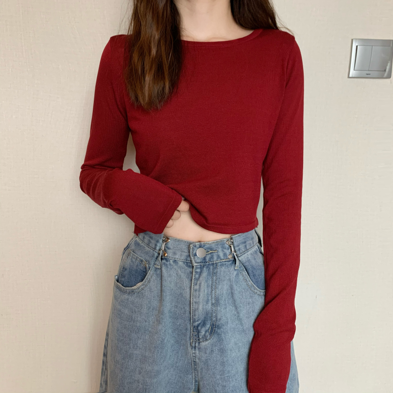 设计感酒红色锁骨打底衫女短款