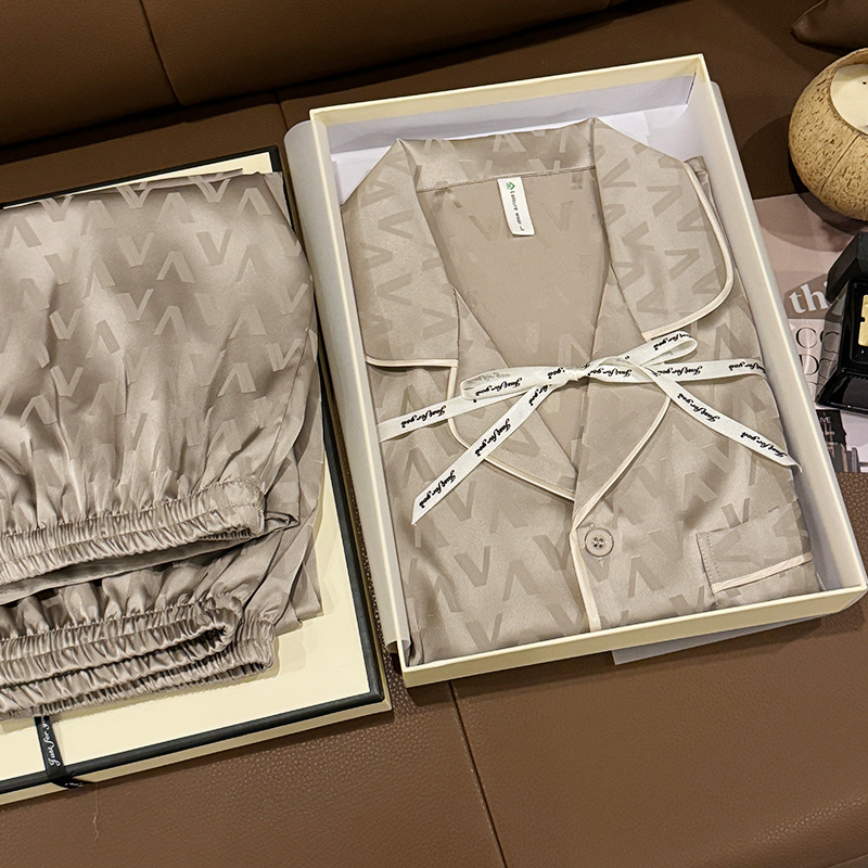 香槟提花V三件套轻奢男士睡衣丝绸短袖春秋季舒适家居服可外穿