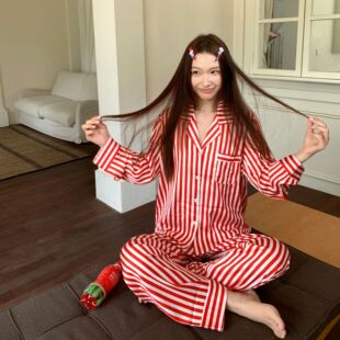 韩系慵懒风冰丝条纹睡衣女 粉白红白西装领长袖家居服套装