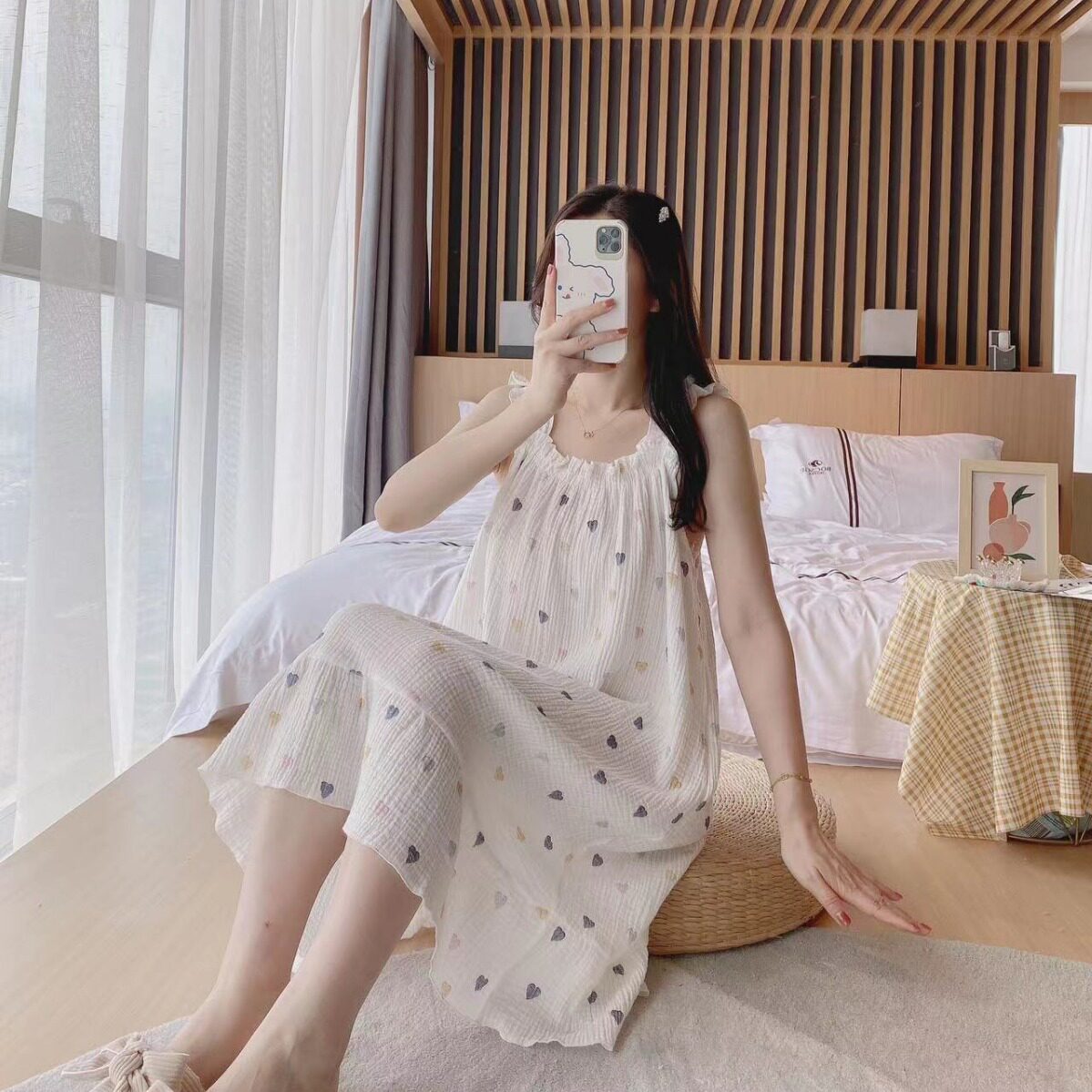 纯棉纱绉布吊带睡裙甜美