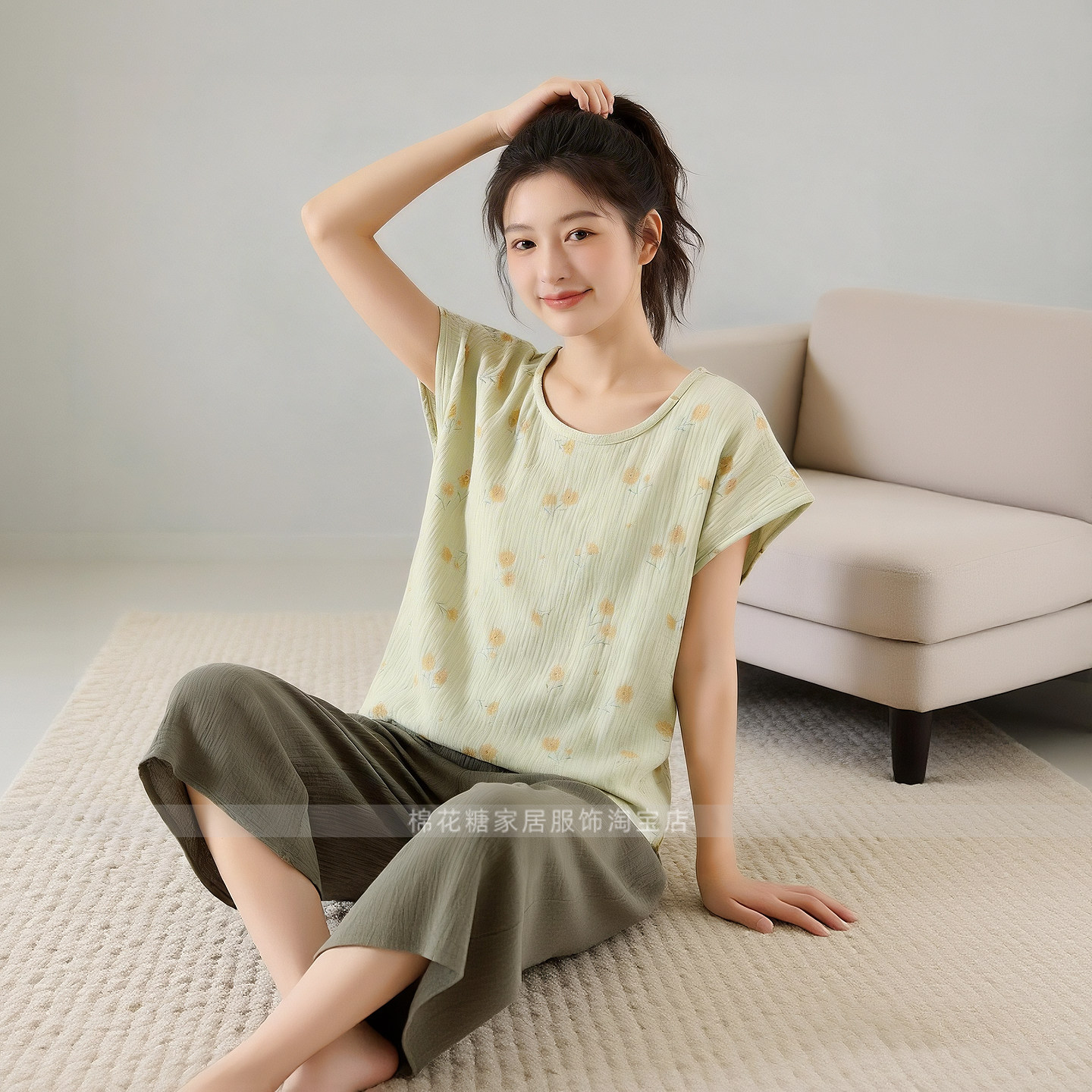 纯棉全棉双层纱布女落肩袖短袖阔腿七分裤套装睡衣家居可爱夏薄