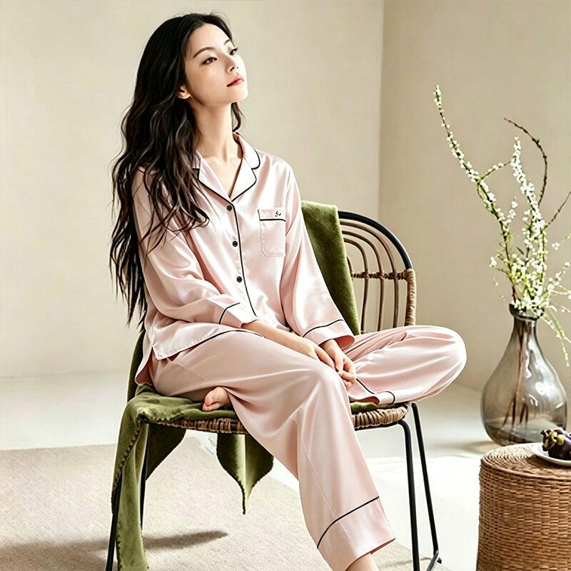 真丝睡衣女款春秋季长袖长裤轻奢缎面宽松凉感桑蚕丝家居服两件套