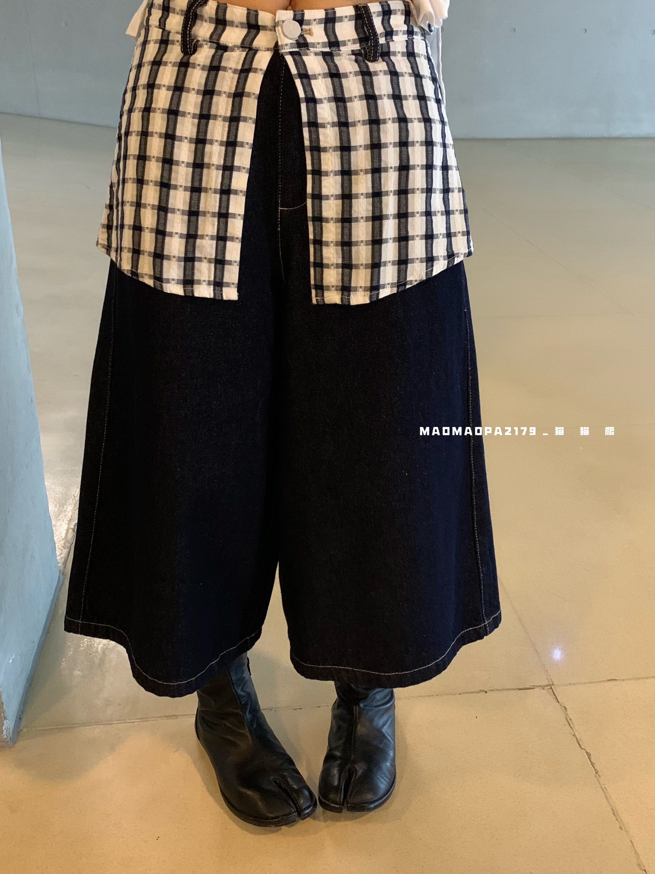 猫姐推荐｜宽松高腰显瘦拼接格子屁帘假两件阔腿直筒七分牛仔裤女