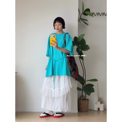 猫姐推荐｜宽松设计款慵懒风绑带收腰显瘦开叉大版圆领短袖T恤女