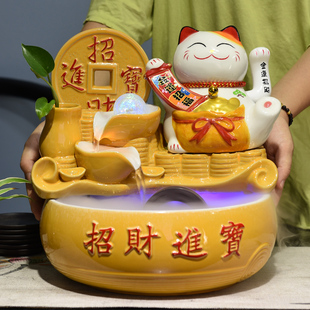 陶瓷流水招财猫摆件收银台自动招手风水轮旺财店铺吧台开业送礼品