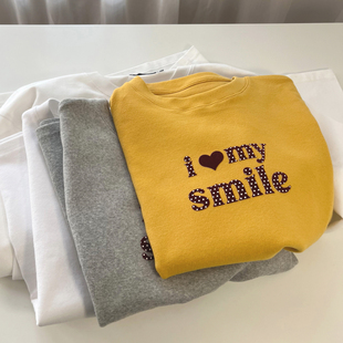 smile 小个子短款 圆领短袖 T恤女 植绒字母印花磨毛加厚打底衫