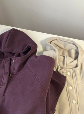 加绒加厚bf男友风紫色半高领卫衣 宽松慵懒休闲连帽外套 女