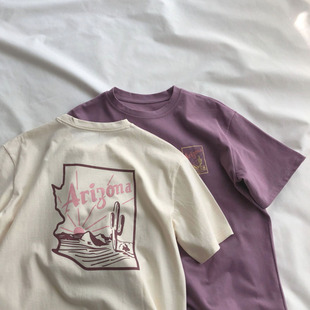 仙人掌~日系抽象风景基础打底衫 做旧感磨毛宽松圆领短袖T恤女