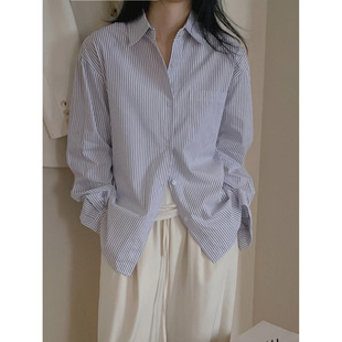 蓝色条纹/白色男友风长袖衬衫 春新款宽松慵懒翻领休闲上衣 女