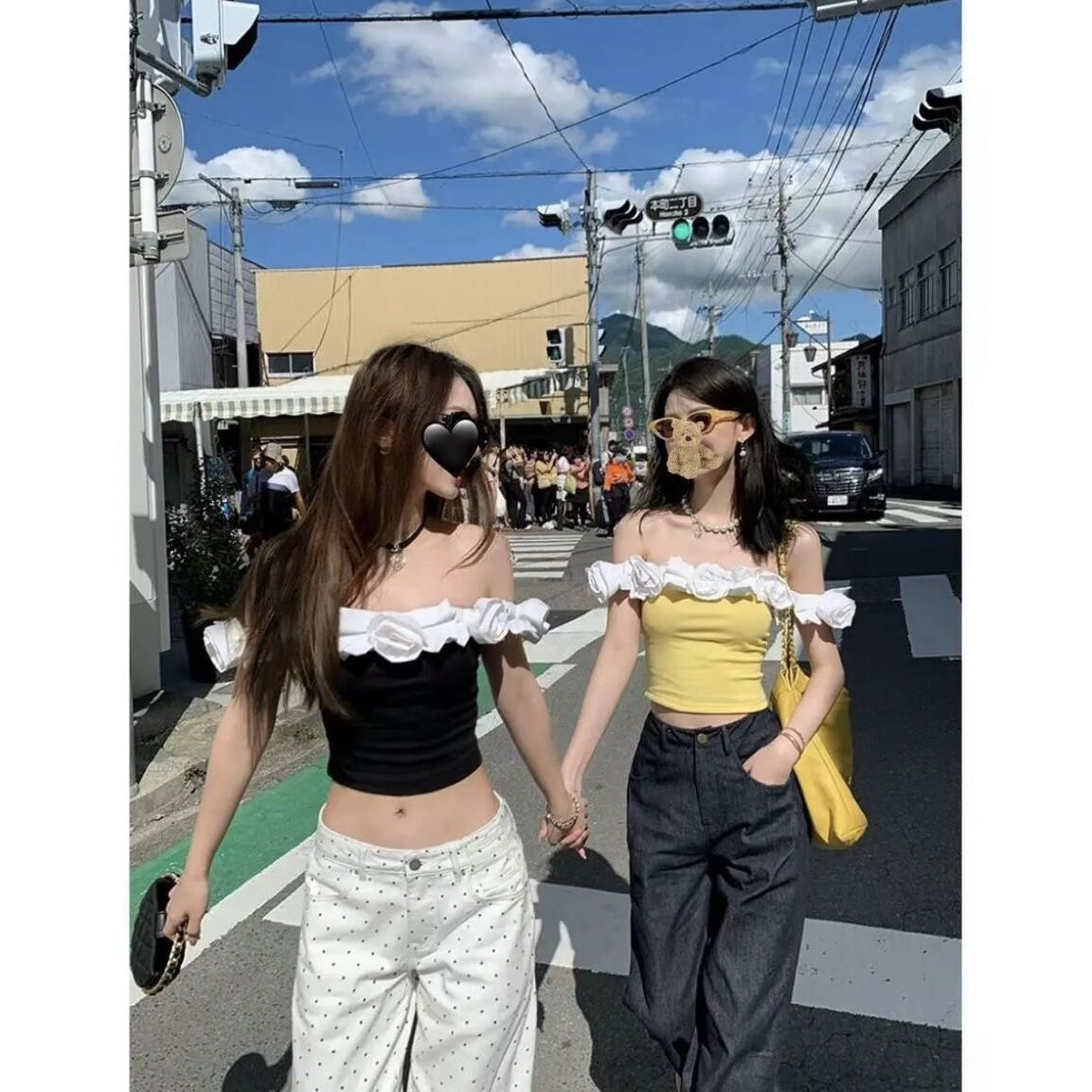 多巴胺荷叶边黄色吊带背心女夏季泰式甜辣妹一字肩抹胸小上衣绝美