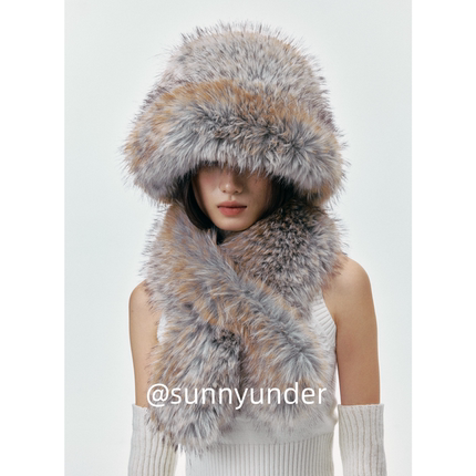 渐变毛毛渔夫帽子围巾两件套女冬季加厚防寒保暖毛绒帽子围脖套装