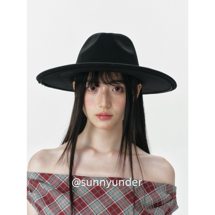 大沿仿羊毛呢爵士顶帽子女春秋冬季韩版日系街头法式复古牛仔礼帽