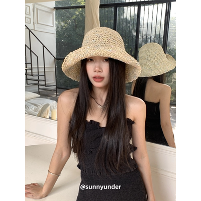 彩色豆豆草编大沿渔夫帽女春夏户外遮阳防晒帽子可折叠度假太阳帽