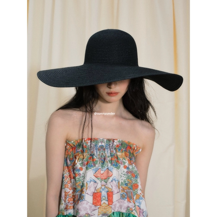 定做黑色15cm大帽檐草帽女夏季新款海边沙滩帽子度假防晒遮阳帽潮