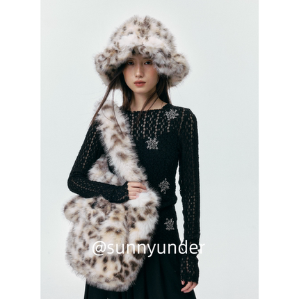 时尚造型感大沿豹纹毛绒渔夫帽子豹纹毛绒包包女秋冬二件套潮ins