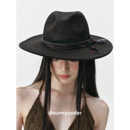 布条装饰大帽檐爵士帽子女秋冬韩版日系百搭欧美时尚复古礼帽ins