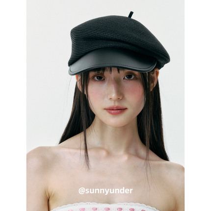 时髦法式复古皮沿草编报童帽女夏透气韩版日系百搭鸭舌帽马术帽子