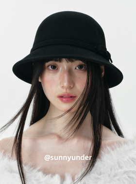 法式复古赫本风黑色羊毛呢渔夫帽子女春秋冬季显脸小盆帽度假礼帽