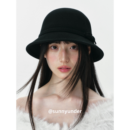 法式复古赫本风黑色羊毛呢渔夫帽子女春秋冬季显脸小盆帽度假礼帽