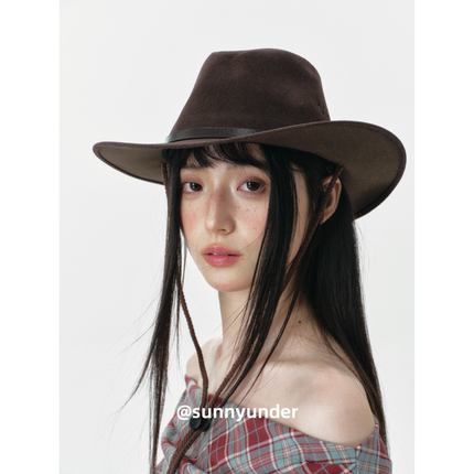 复古麂皮绒牛仔帽爵士顶帽子女春秋冬出游显脸小美式英礼帽潮ins