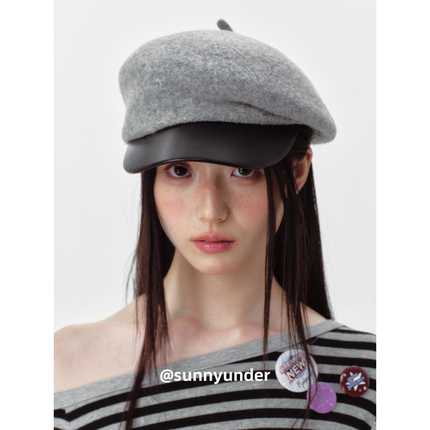 时髦羊毛呢皮檐鸭舌帽子女春秋冬季韩版日系英伦复古显脸小报童帽