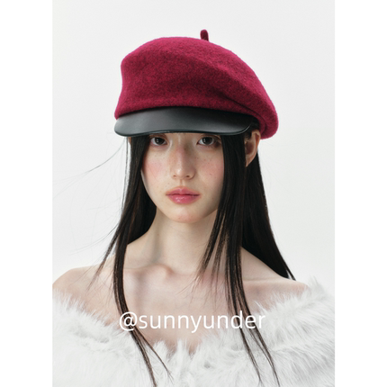 时髦皮檐羊毛呢报童帽子女秋冬街头韩系氛围感复古显脸小鸭舌帽潮