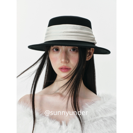 褶皱装饰平顶帽子女春秋冬韩版日系百搭英伦复古度假毛呢礼帽ins