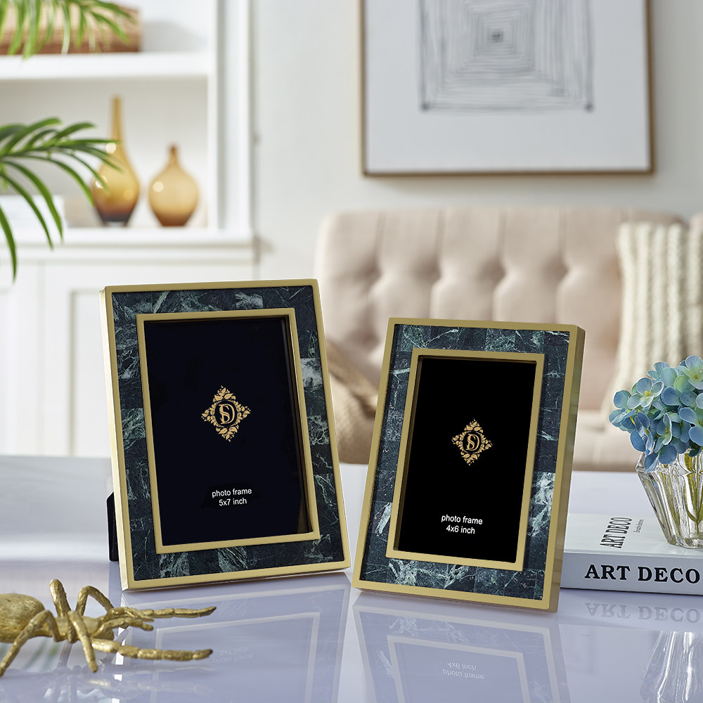 轻奢床头柜电视装饰样板间高档黄铜大理石相框欧式6寸7寸相册摆台