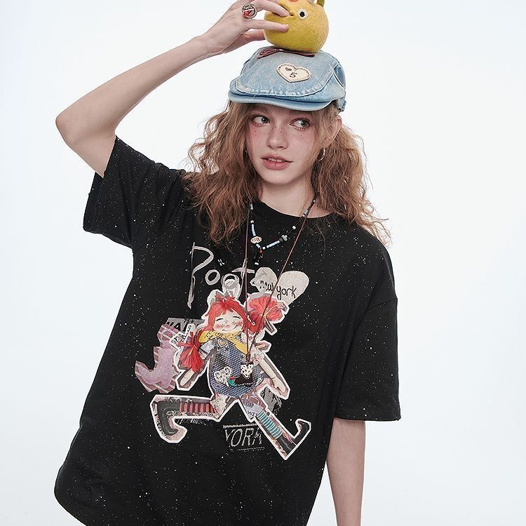 妖精的黑色印花短袖t恤女2025夏季新款设计感休闲宽松大码上衣潮