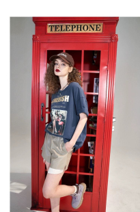 妖精纯棉美式复古印花短袖t恤女2026春夏新款正肩宽松上衣短袖T恤