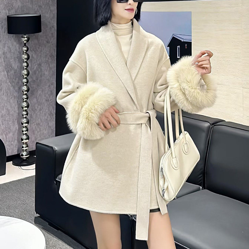 高级感双面羊毛呢大衣女气质中长款韩版绑带显瘦长袖呢子外套潮