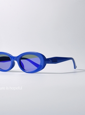 韩版小众宝蓝色反光墨镜UV400防紫外线高级椭圆形配近视太阳眼镜