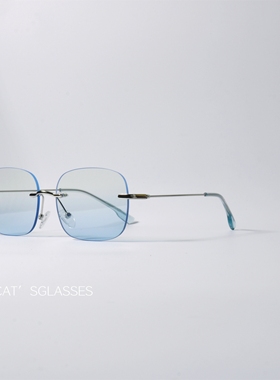 无框清新渐变蓝色太阳眼镜UV400防紫外线辐射小众方形高级感眼镜