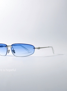 环绕设计宝蓝色太阳眼镜UV400防紫外线辐射无框小众个性窄潮墨镜