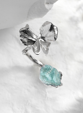 DifferentYoung纯银小众设计感蝴蝶戒指女开口手工花蓝色食指戒