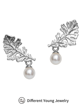 DY橡树叶珍珠耳钉纯银女简约耳坠天然复古设计感耳环小巧气质耳饰