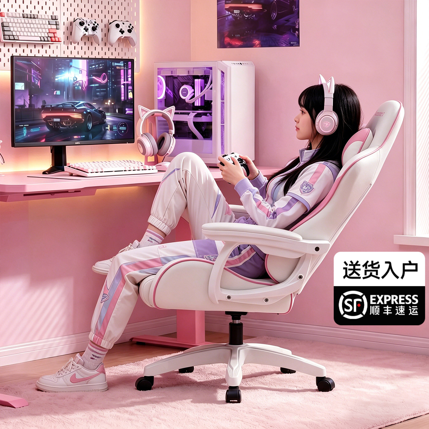 粉色电竞椅女生可躺人体工学椅家用游戏椅子宿舍久坐电脑椅靠背椅