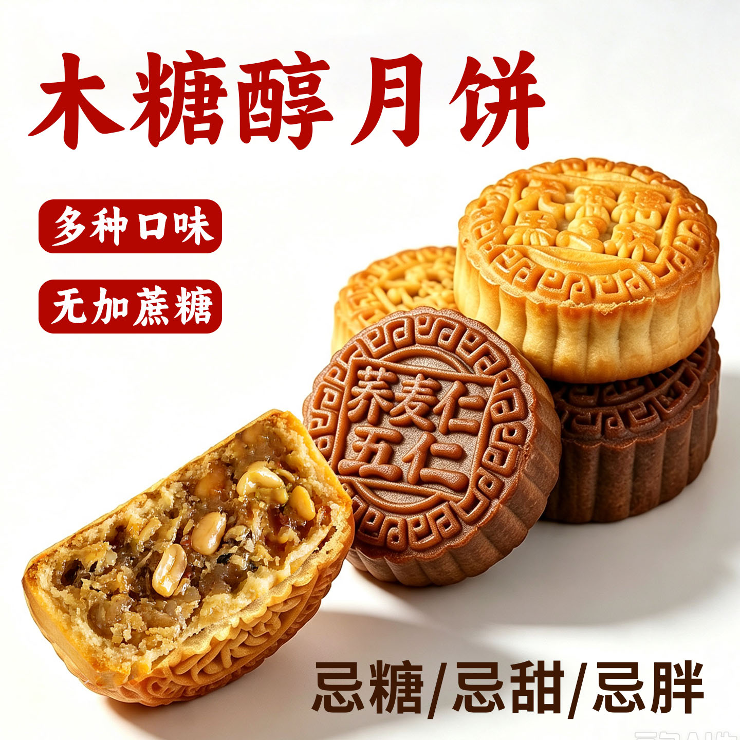 无糖精月饼木糖醇荞麦五仁红豆黑芝麻无蔗糖中秋粗粮糕点老式正宗