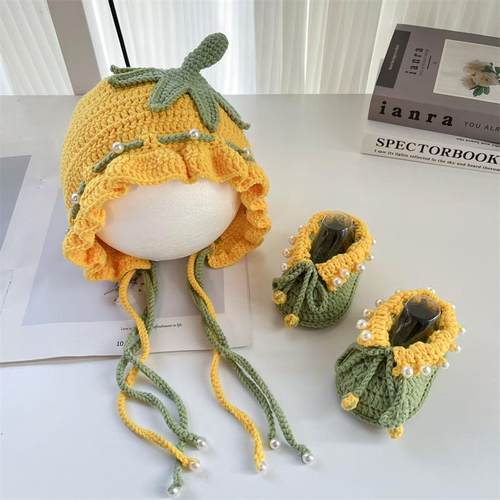 打发时间手工diy编织女宝宝帽子鞋子钩针婴儿鞋纯棉护耳帽材料包