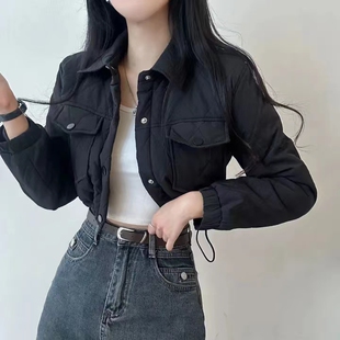 设计感抽绳系扣收腰短款棉服宽松翻领长袖外套女韩国chic秋冬减龄