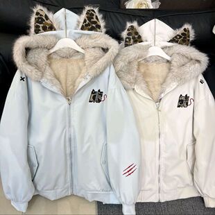 美式高街小恶魔猫爪刺绣加厚加绒外套男女冬季情侣外套上衣棉服