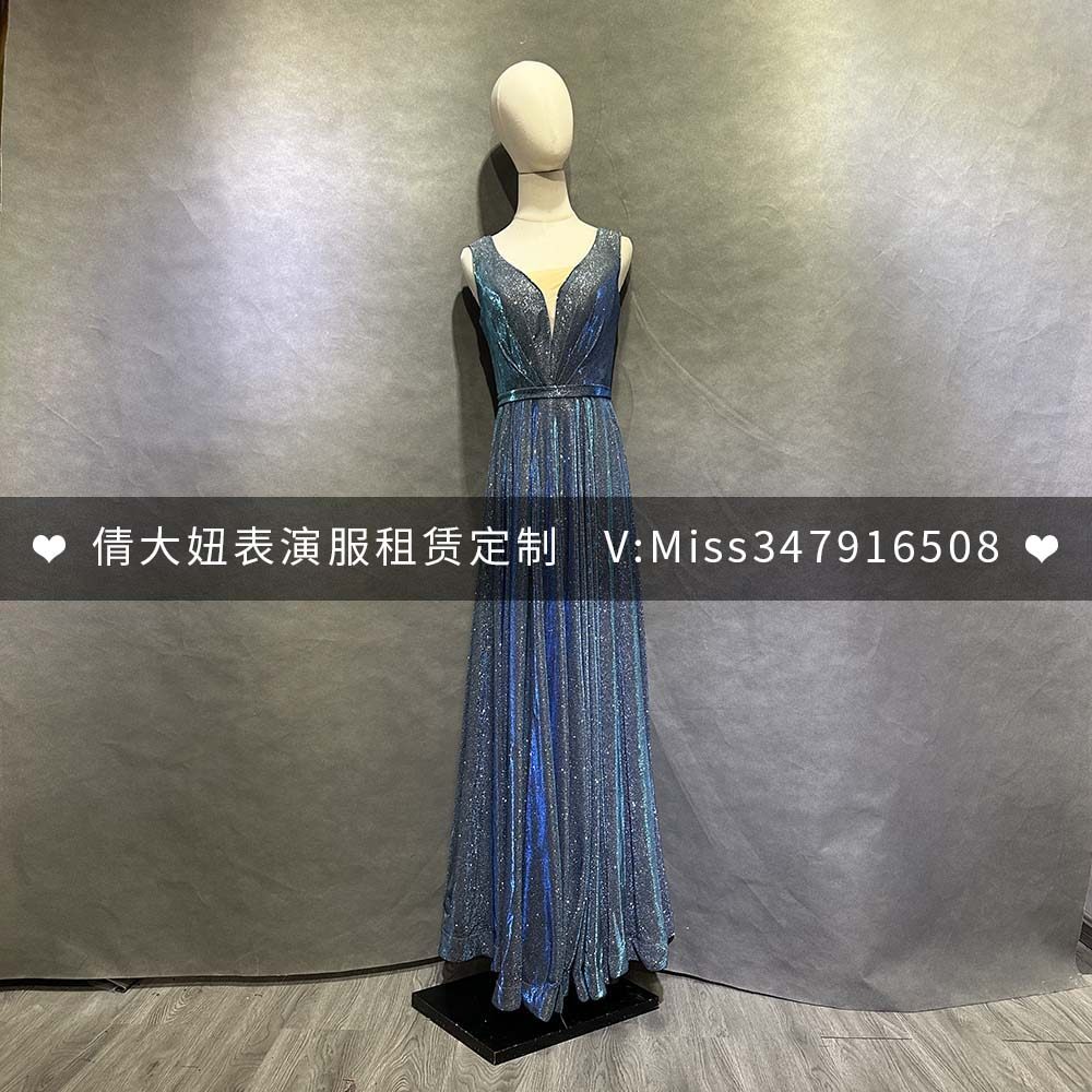 租赁系带主持人显瘦年会晚礼服女宴会高端连衣裙长款蓝色指挥礼服