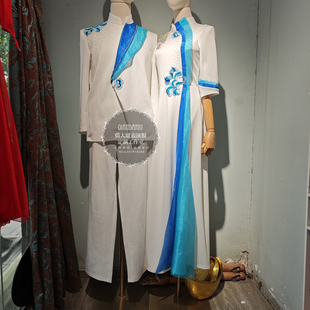 成都出租定制白色蓝色渐变色中式合唱男女主持人指挥服舞台礼服