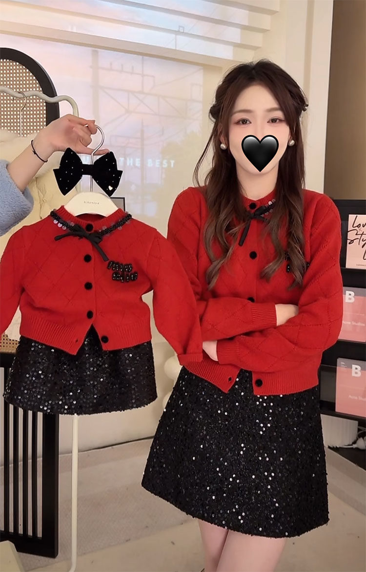 새해 인사 고급 부모 자식 의류 어머니와 딸 가을 겨울 소녀 붉은 나비 니트 스웨터 작은 향기로운 스타일 카디건 스웨터