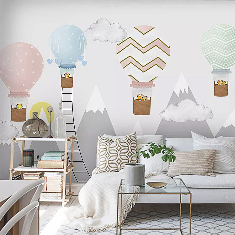INS现代简约 手绘儿童房热气球山男孩女孩卧室无缝墙布定制壁画,家装主材,定制壁画,淘宝优惠券,粉丝福利购,淘宝优惠卷