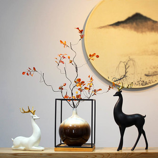 新中式 陶瓷花瓶摆件客厅插花电视柜玄关现代轻奢创意铁架家居装 饰