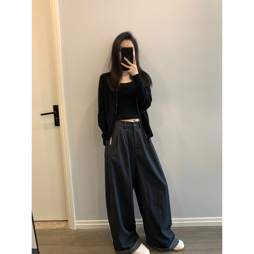 慵懒松弛感 高腰直筒阔腿休闲裤女春秋款垂感拖地长裤子