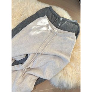 冬日懒人裤 无缝一体羊毛～巨显瘦卷边抽绳阔腿针织长裤