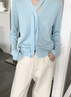 MMC-带针织开衫韩系宽松显瘦百搭长袖v领羊毛衫针织开衫61M65112