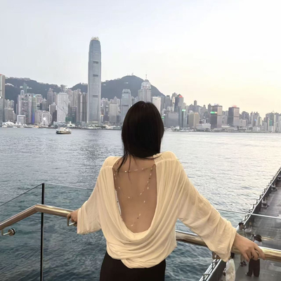 TMP 甜莓派-春软糯兰精天丝露背荡领珠链罩衫上衣长袖T恤YS1-1972